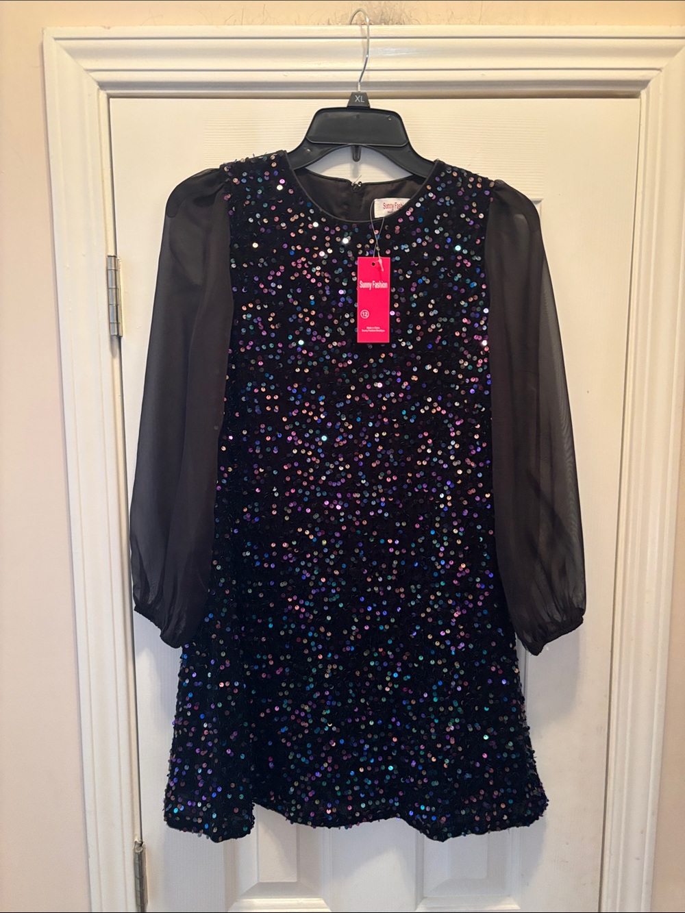 NWT Sunny Fashion Black Sequin Party Dress with Sheer Long Sleeves